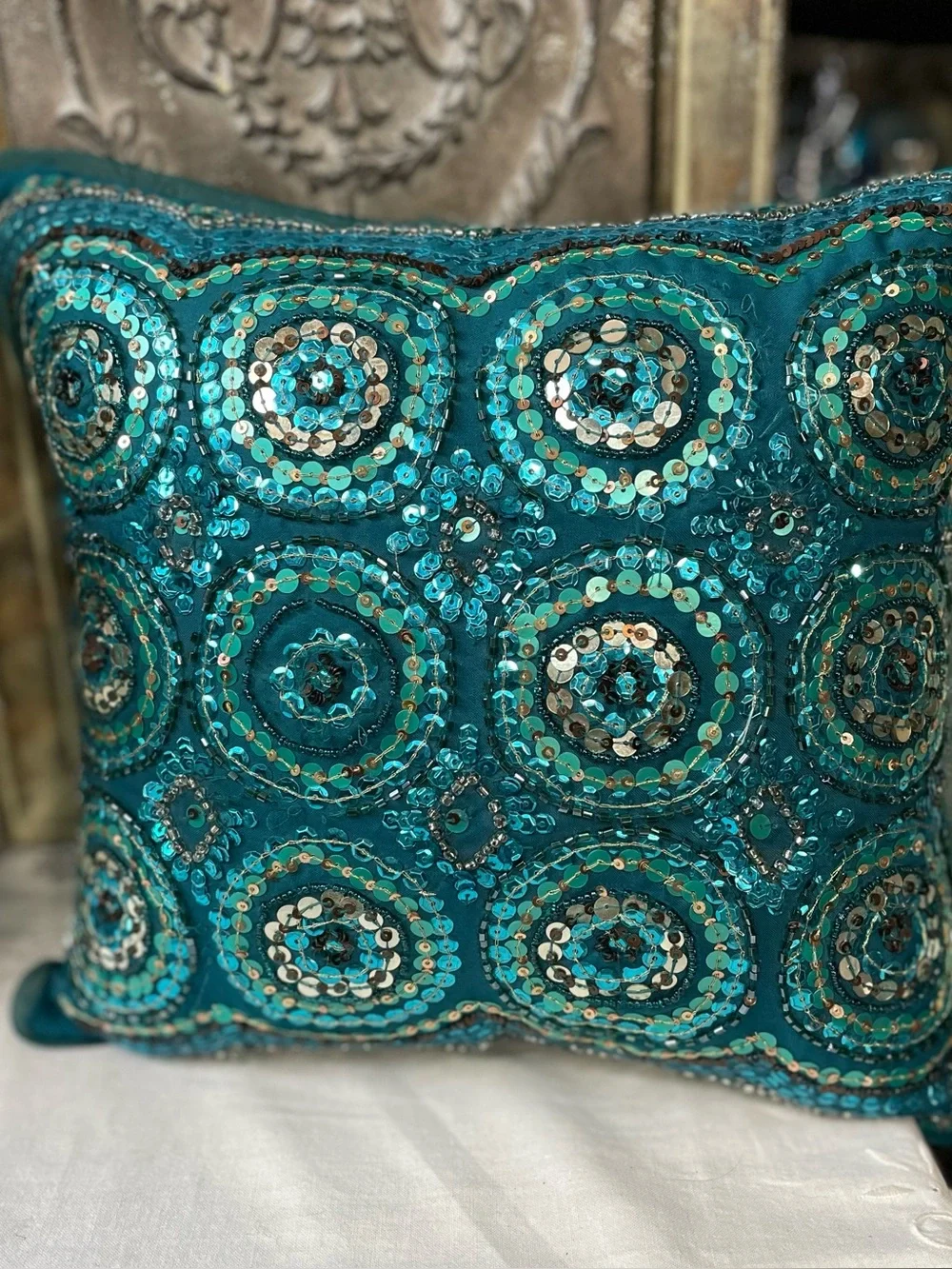 Vintage pier one blue sequined thrown pillow